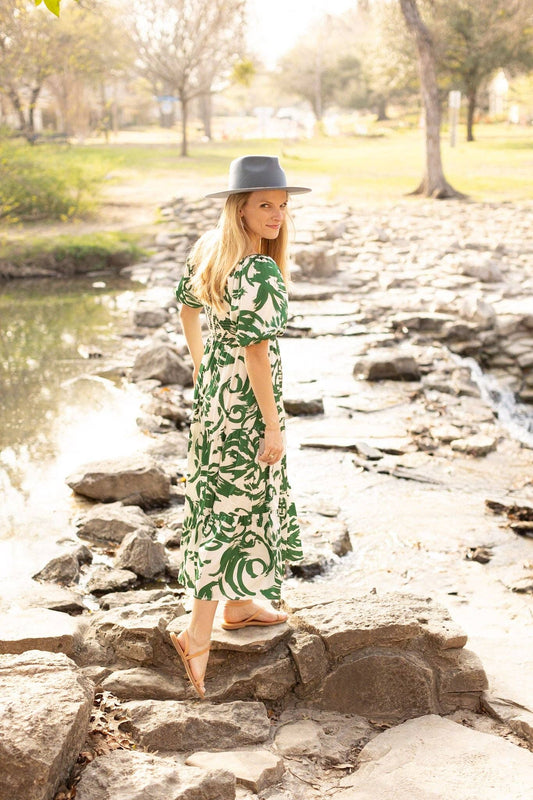 THE ELIZABETH GREEN & IVORY PUFF SLEEVE DRESS