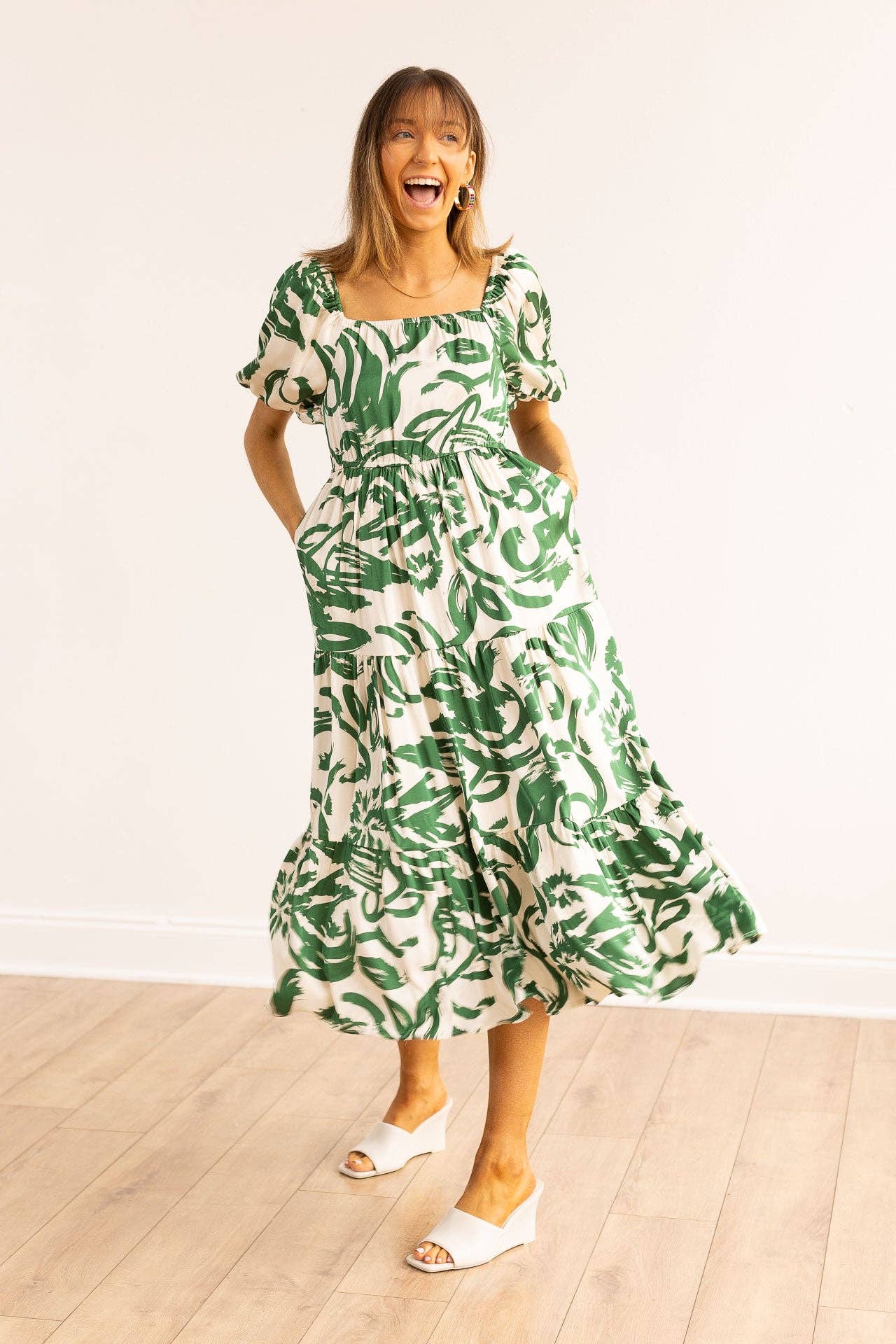 THE ELIZABETH GREEN & IVORY PUFF SLEEVE DRESS