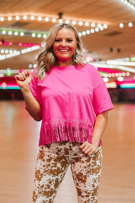 Here for the Show Studded Fringe Crop Top- Hot Pink