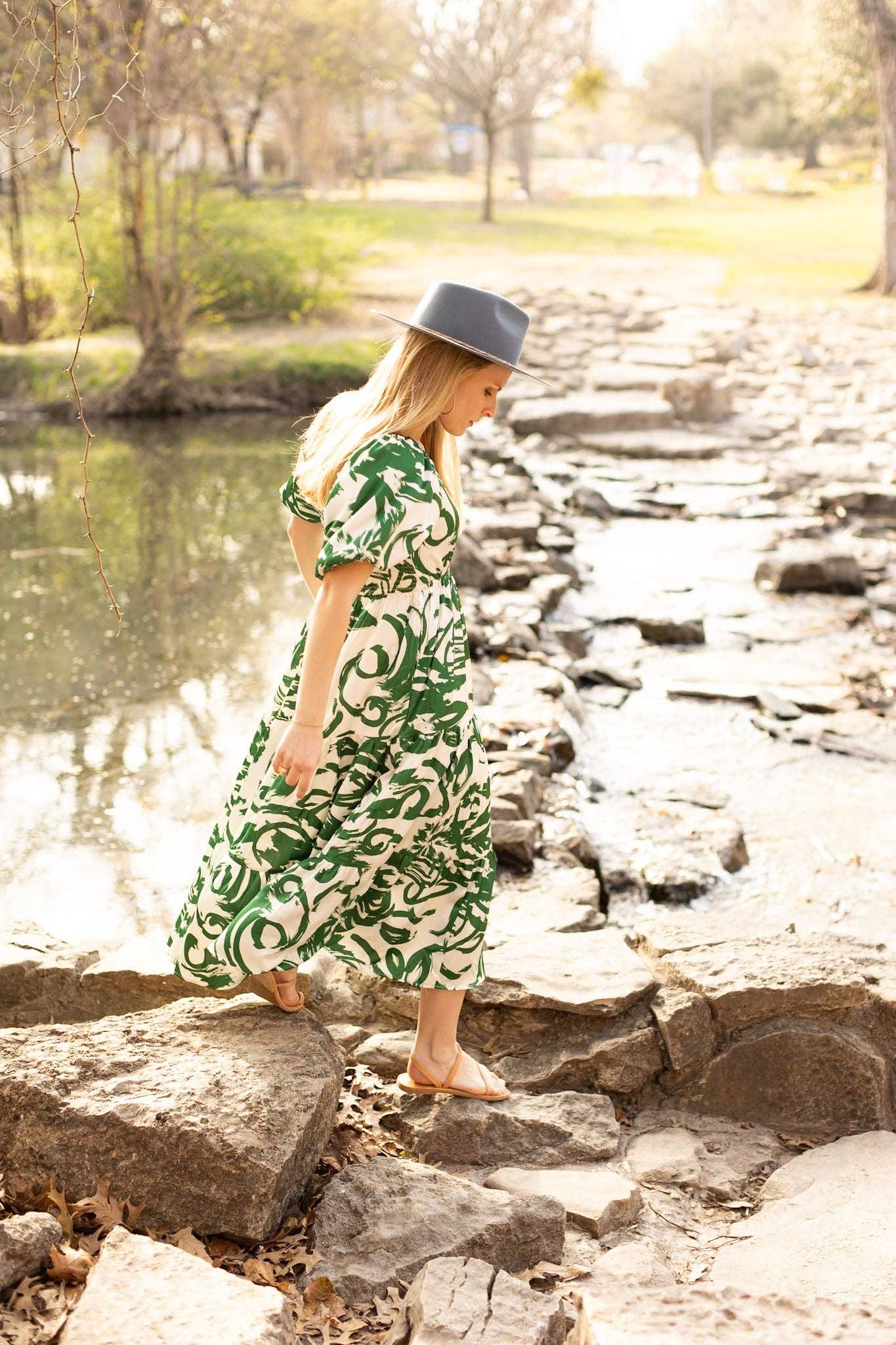 THE ELIZABETH GREEN & IVORY PUFF SLEEVE DRESS