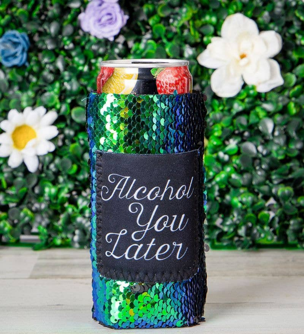 Alcohol You Later Sequin Shifting Slim Can Cooler