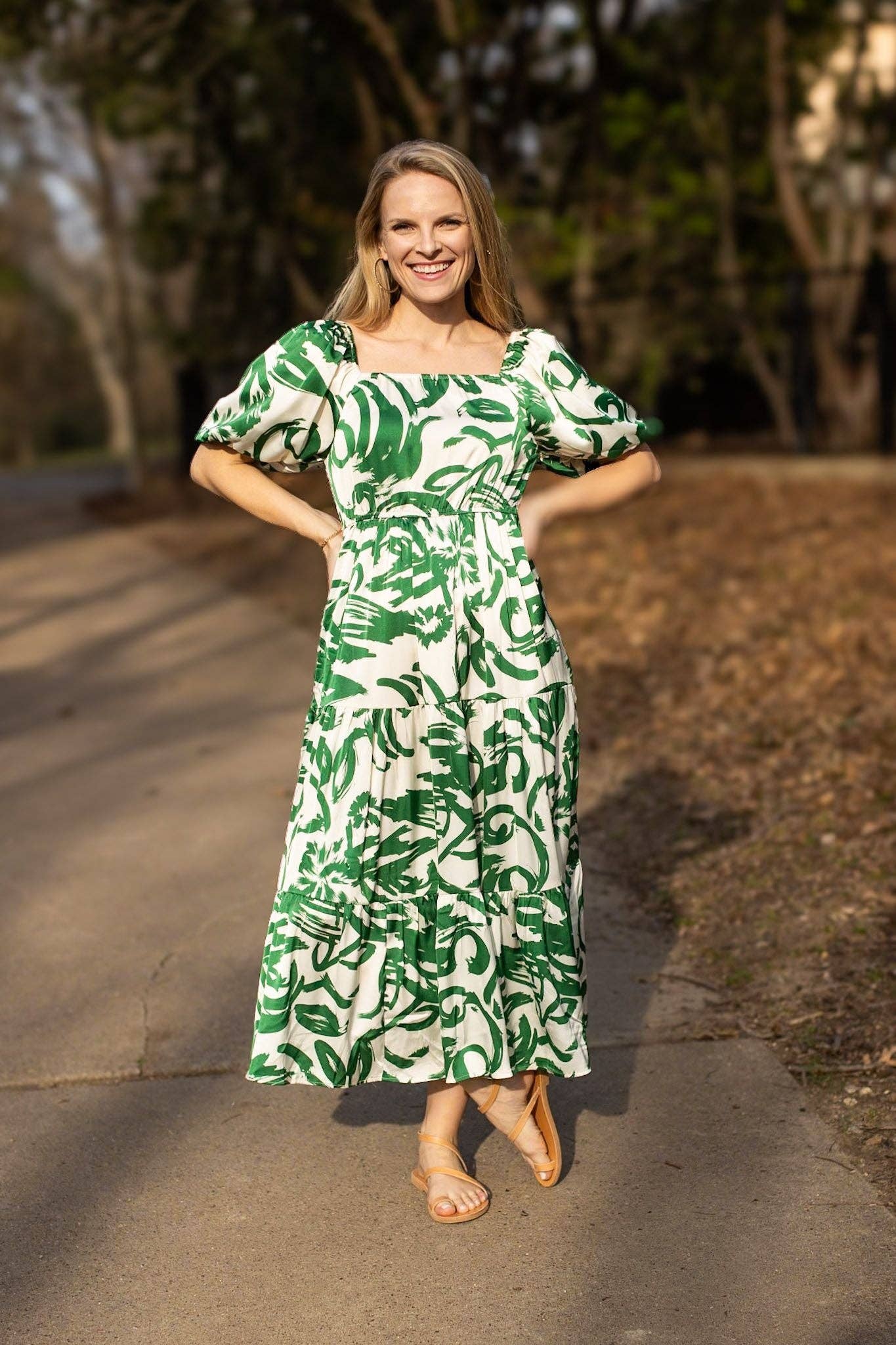 THE ELIZABETH GREEN & IVORY PUFF SLEEVE DRESS