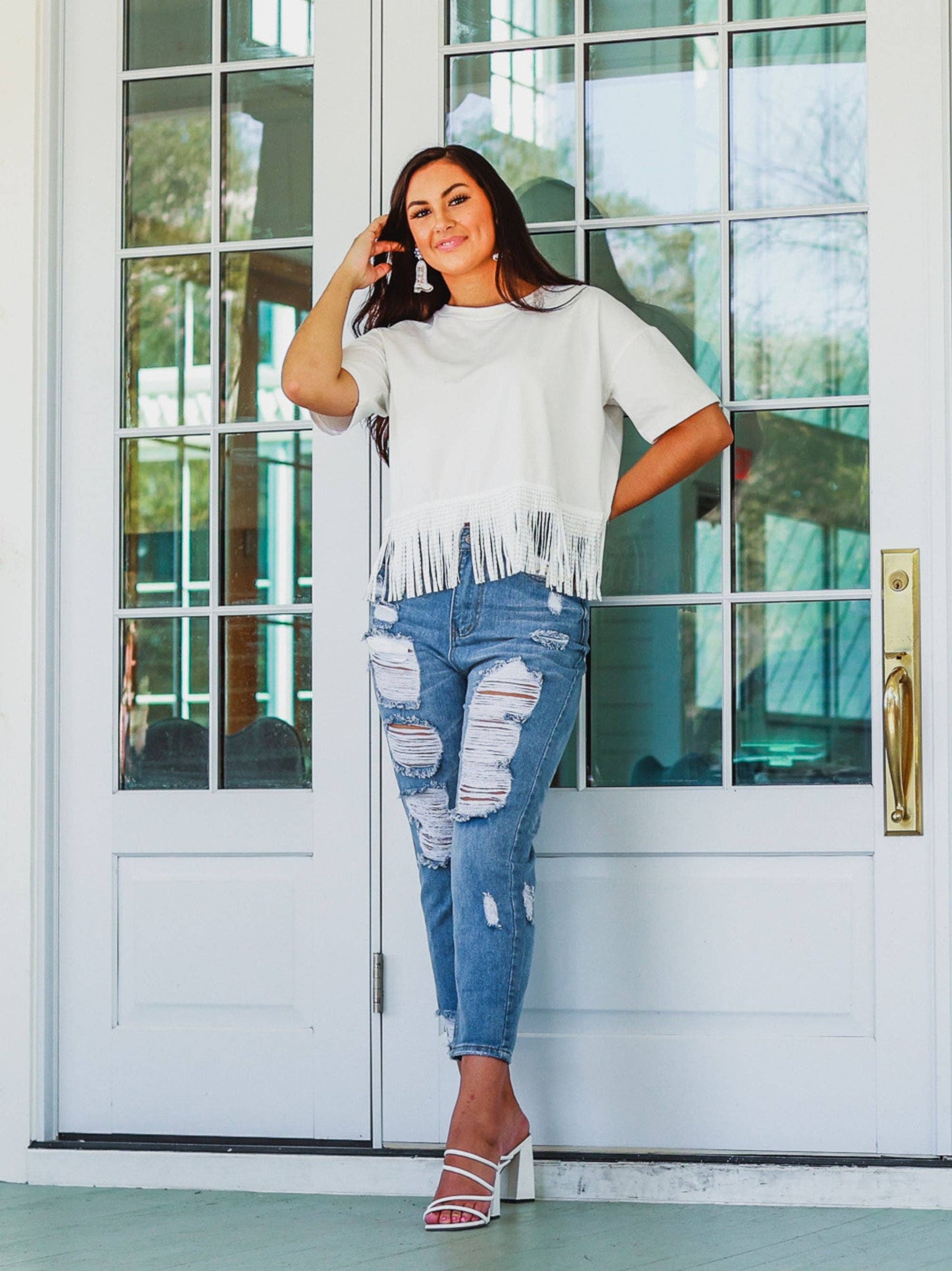 HERE FOR THE SHOW STUDDED FRINGE CROP TOP- WHITE