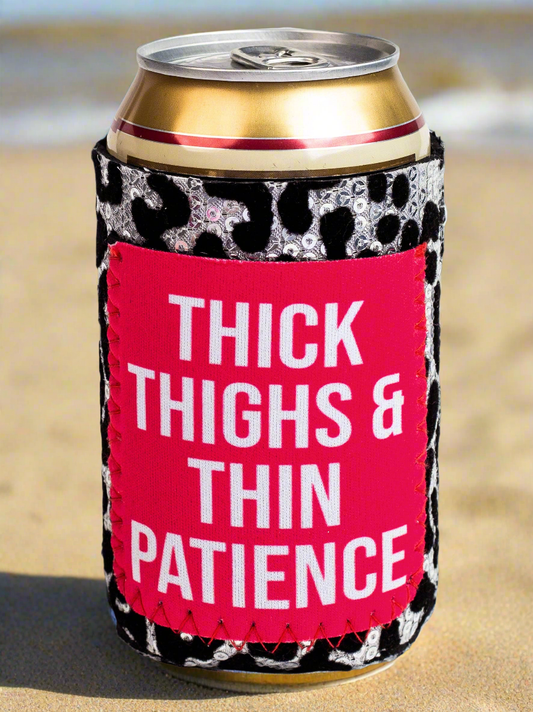 Thick Thighs & Thin Patience Sequin Can Cooler: Leopard / One Size