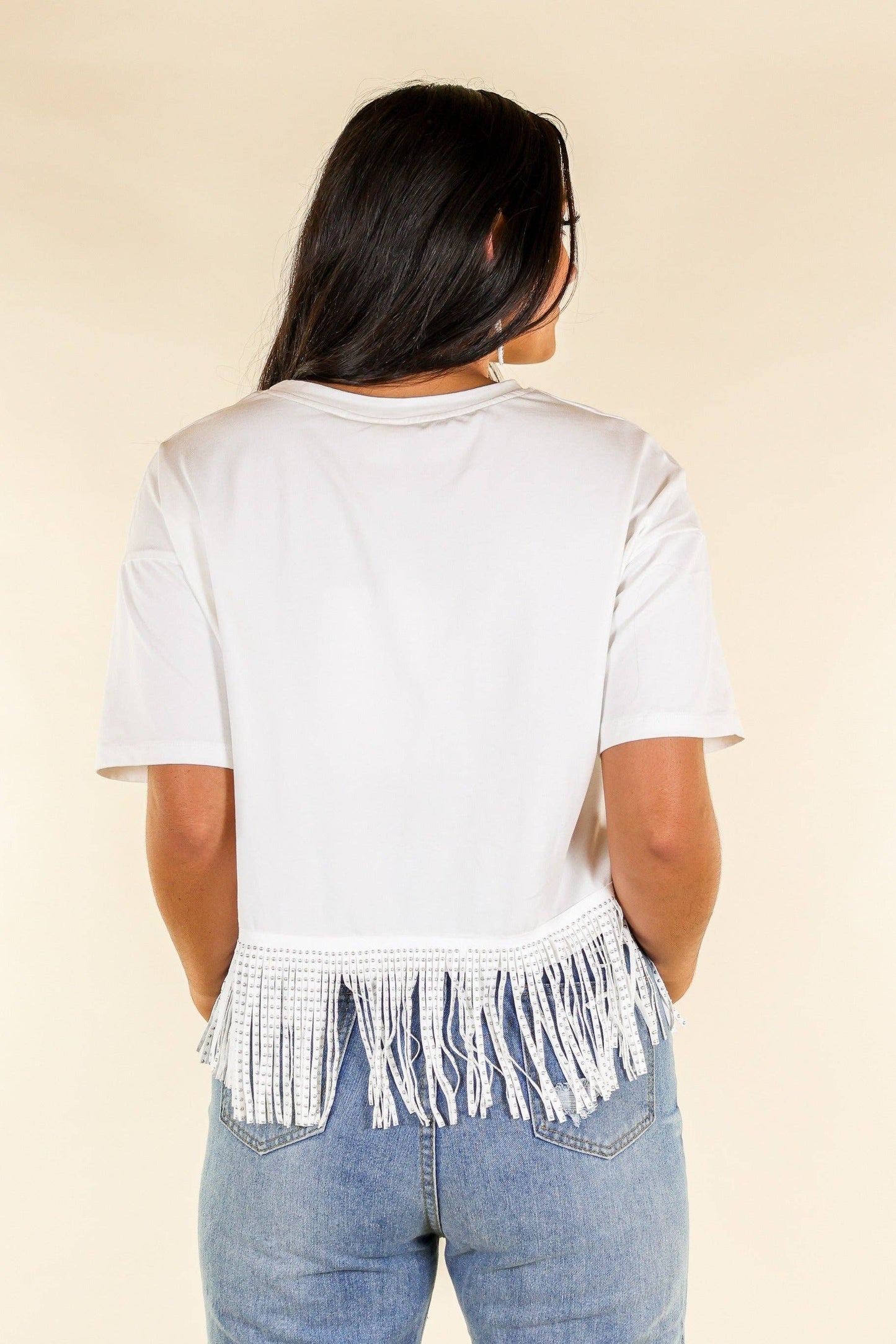 HERE FOR THE SHOW STUDDED FRINGE CROP TOP- WHITE