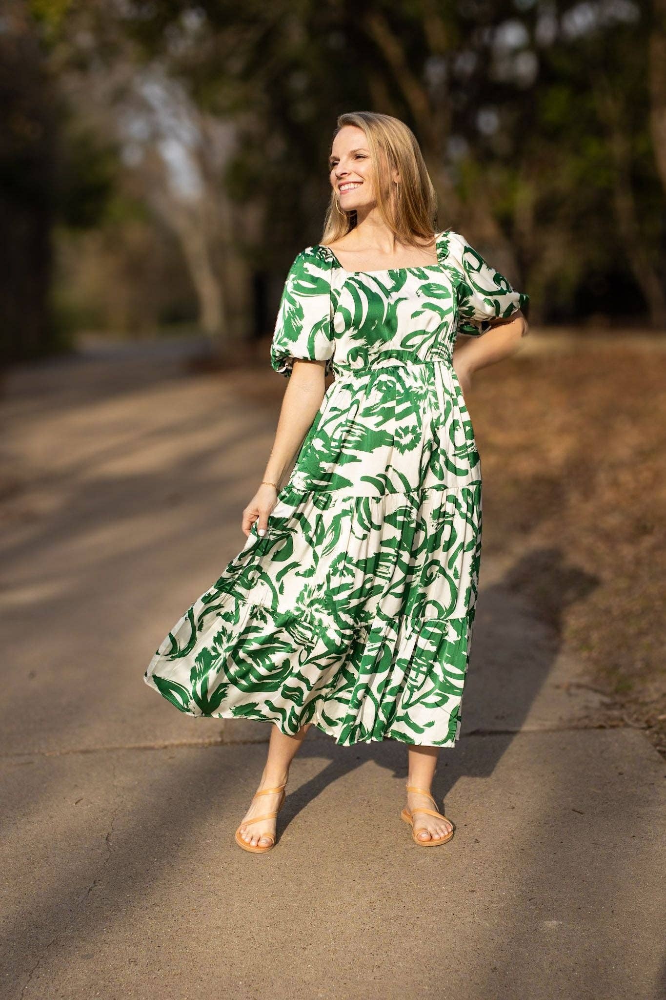 THE ELIZABETH GREEN & IVORY PUFF SLEEVE DRESS